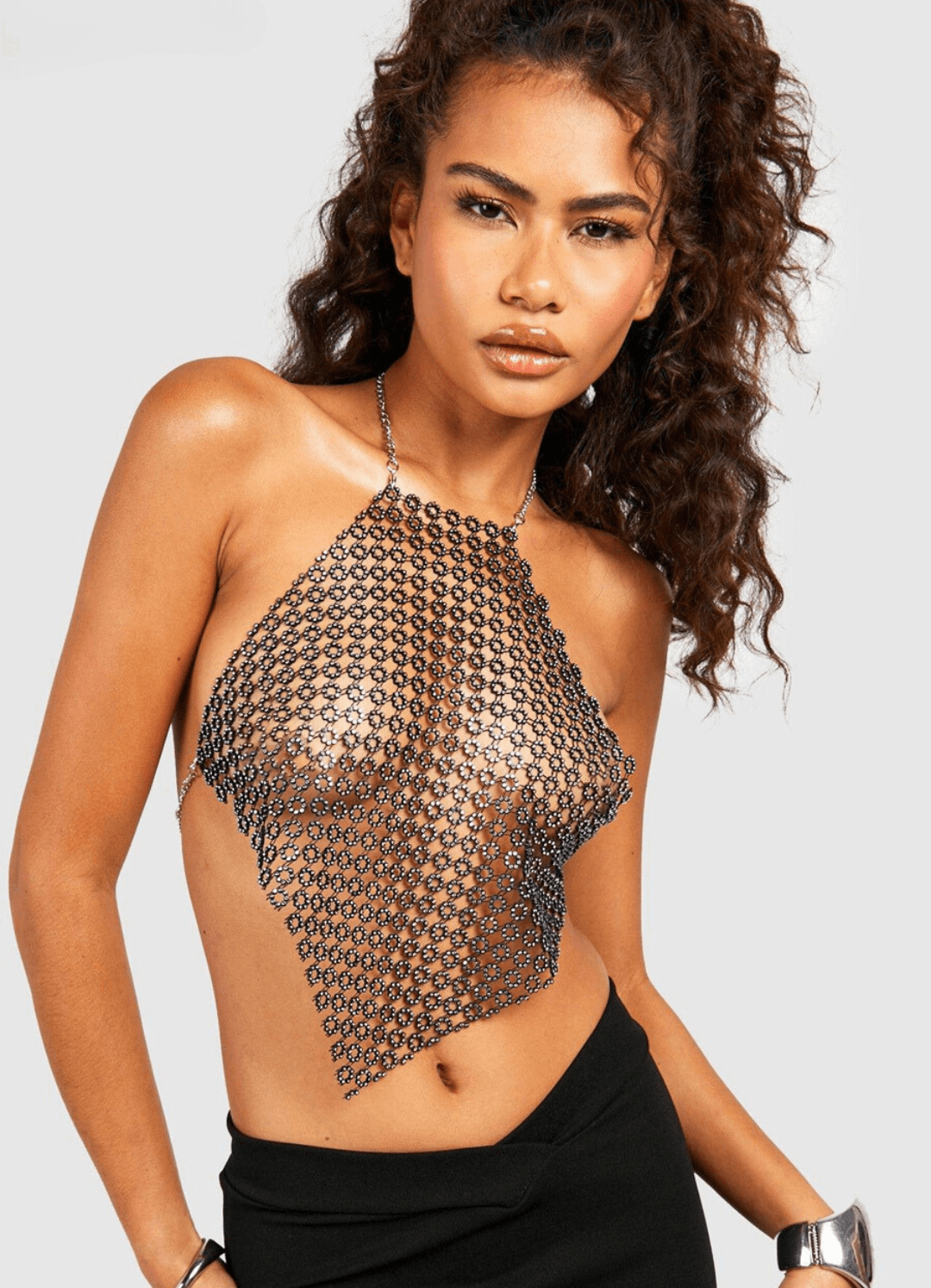 Crop Top Metal Shiny (40084) - BLACK - Miss Panda